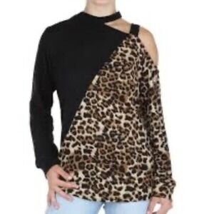 Women's Colorblock Leopard Cold Shoulder Top - Black/Animal Print Size Medium